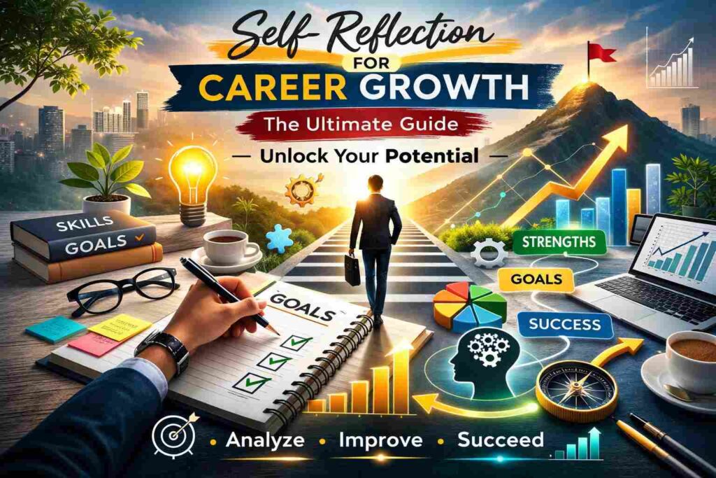 Self-reflection for career growth concept with notebook, goals, strengths, and professional development elements