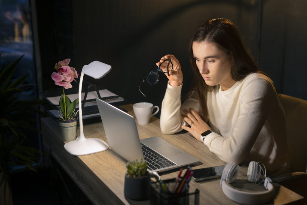 Woman checking smartwatch at desk while working on laptop, representing personal productivity and focus