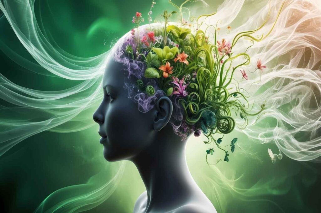 Human head with vibrant flowers and plants growing from the brain, symbolizing mindset and psychology.