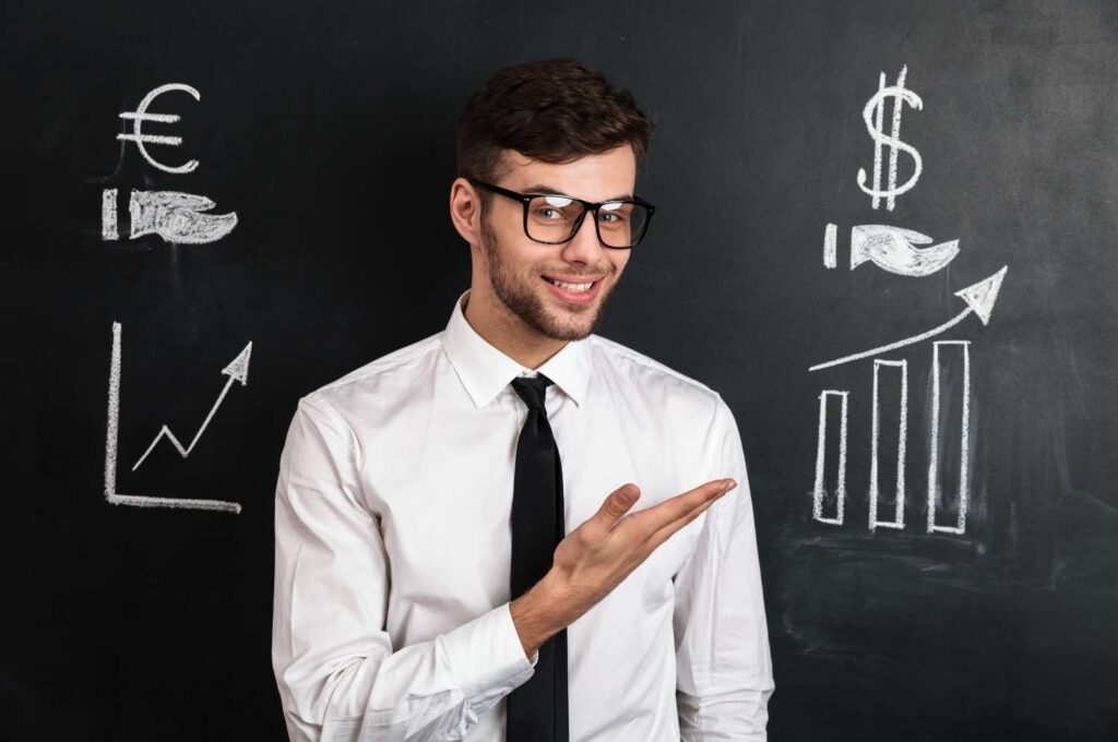 Professional explaining financial growth as part of high income skills for self-improvement