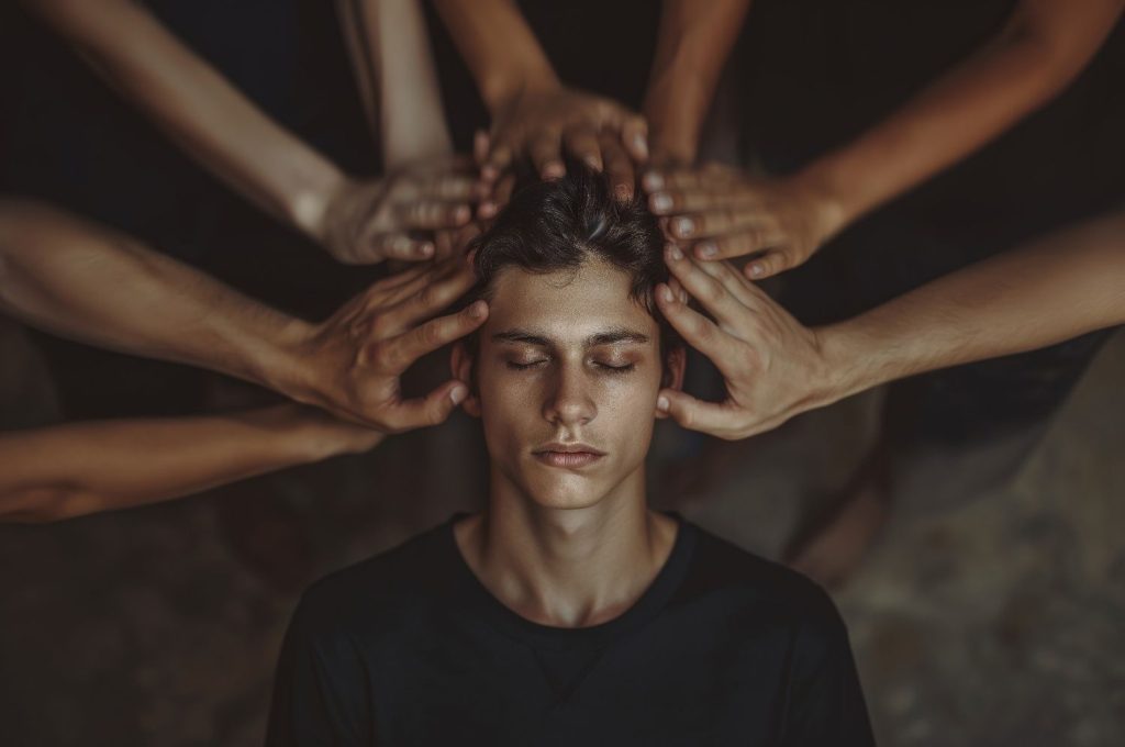 Person with closed eyes representing mental strength, while multiple hands gently touch the head symbolizing emotional support, calmness, and building mental strength through peace and balance